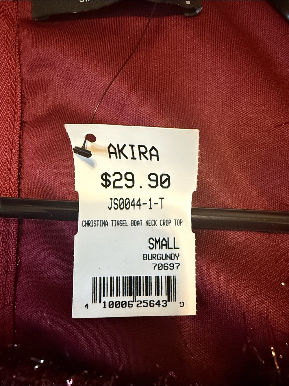 AKIRA Burgundy Christina Tinsel Boat Neck Crop Top - Picture 2 of 3